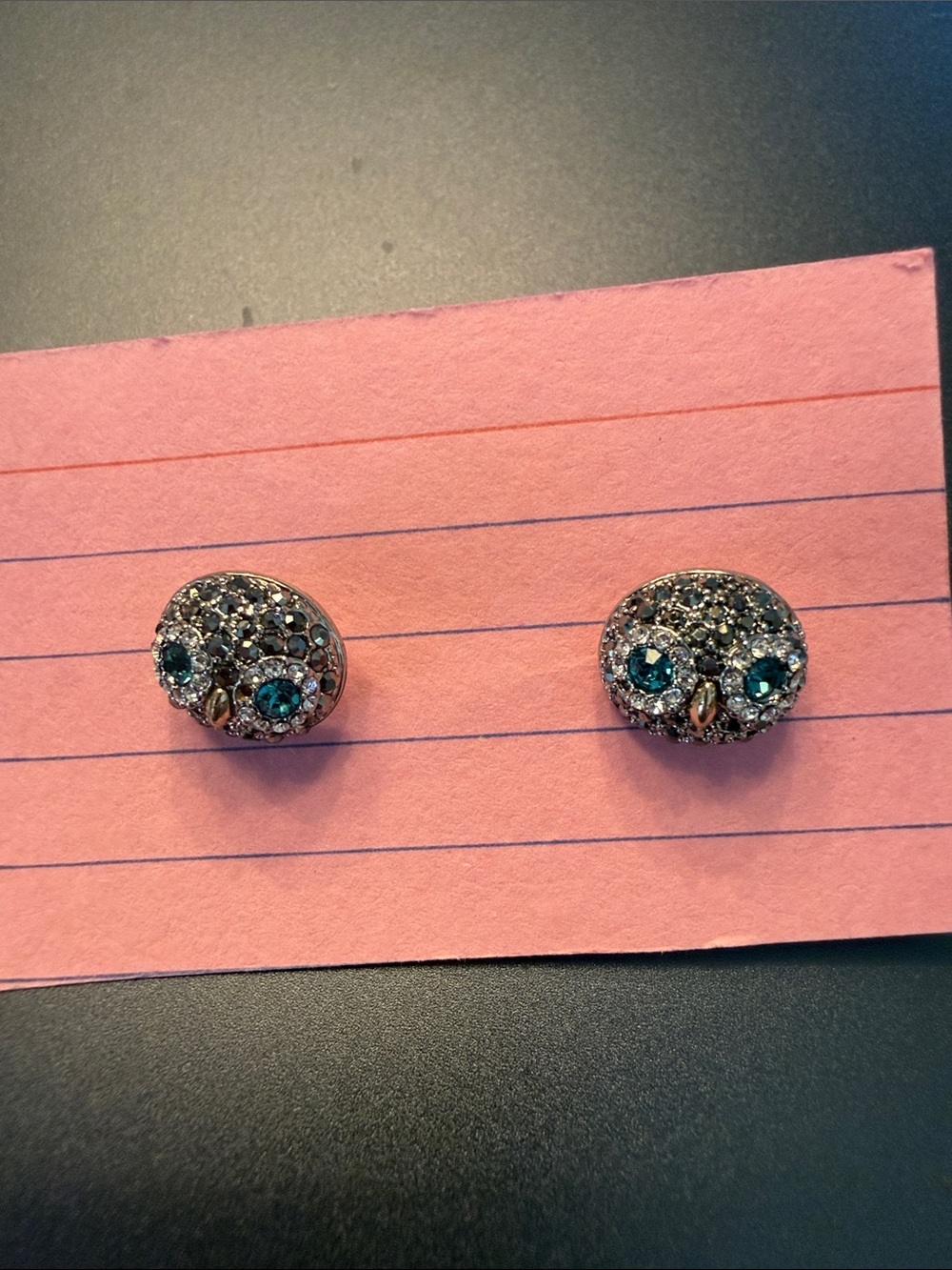 Fossil Crystal Owl Stud Earrings - Teal and Silver